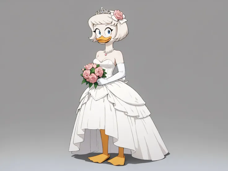 Webby_Vanderquack, pato zooantropomorfo, Chanel white hair, olhos negros, yellow duck beak , white body covered by feathers, peitos grandes, pernas amarelas, duck feet, bright pink wedding dress, standing, ultra detalhado, solid color background