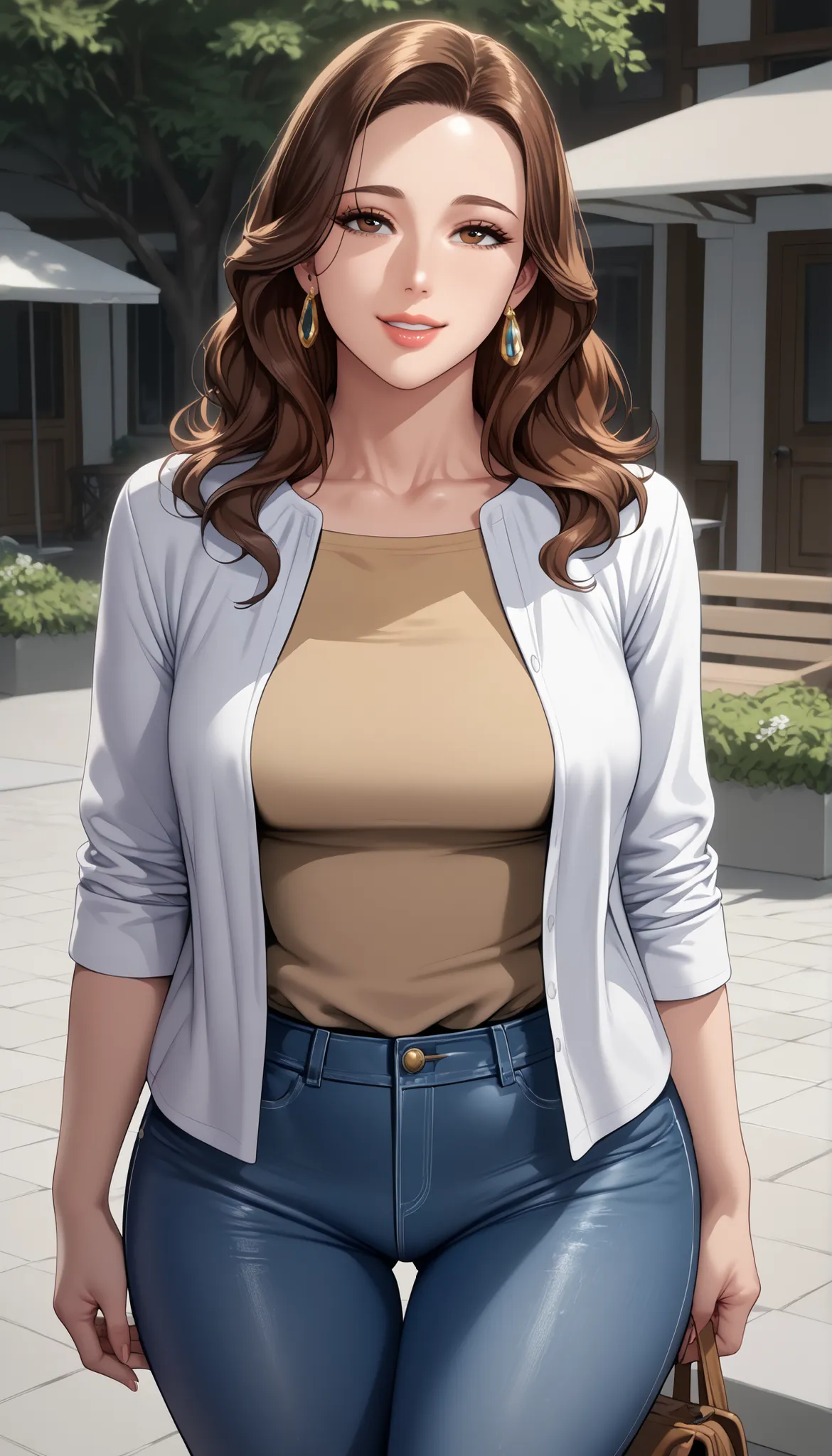 score_9, score_8, masterpiece, Anime Source _sexy brown hair, Low Ban, Housewife, Mature Woman, Mature Woman, wide hips, Big breasts, thigh, seductive smile,  open shirt, tight jeans, very detailed, beautiful lips, cute face, Standing, front view, I can se...