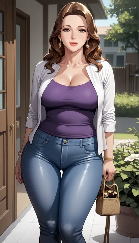 score_9, score_8, masterpiece, Anime Source _sexy brown hair, Low Ban, Housewife, Mature Woman, Mature Woman, wide hips, Big breasts, thigh, seductive smile,  open shirt, tight jeans, very detailed, beautiful lips, cute face, Standing, front view, I can se...