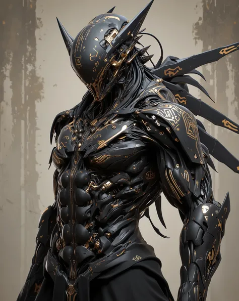 A female figure, likely in her late twenties, is depicted in a stylized, almost mechanical, fashion.  She is positioned slightly off-center to the left of the frame.  Her body type is curvaceous and athletic,  with a strong, sculpted physique.  The subject...