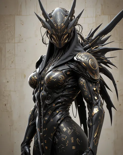 A female figure, likely in her late twenties, is depicted in a stylized, almost mechanical, fashion.  She is positioned slightly off-center to the left of the frame.  Her body type is curvaceous and athletic,  with a strong, sculpted physique.  The subject...