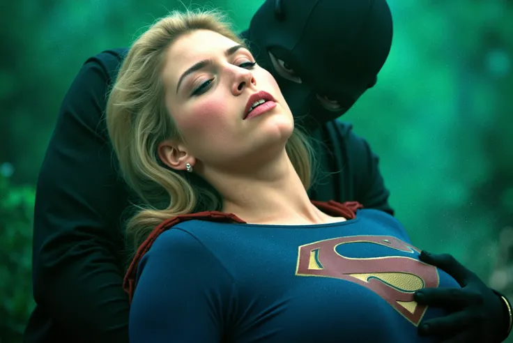 (sexy and adorable beauty with long blond hair with blue eyes Helen Slater,22 years old, she is wearing a long-sleeved blue crop top, In the chest "S" emblem、Gold trim on sleeves, short pleated red skirt and gold supergirl belt, tall red boots with gold tr...