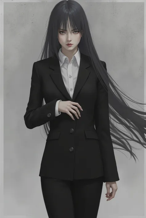 womanhood standing figure Aori black suit long black hair straight hanging eye sharp eyes gray eyes