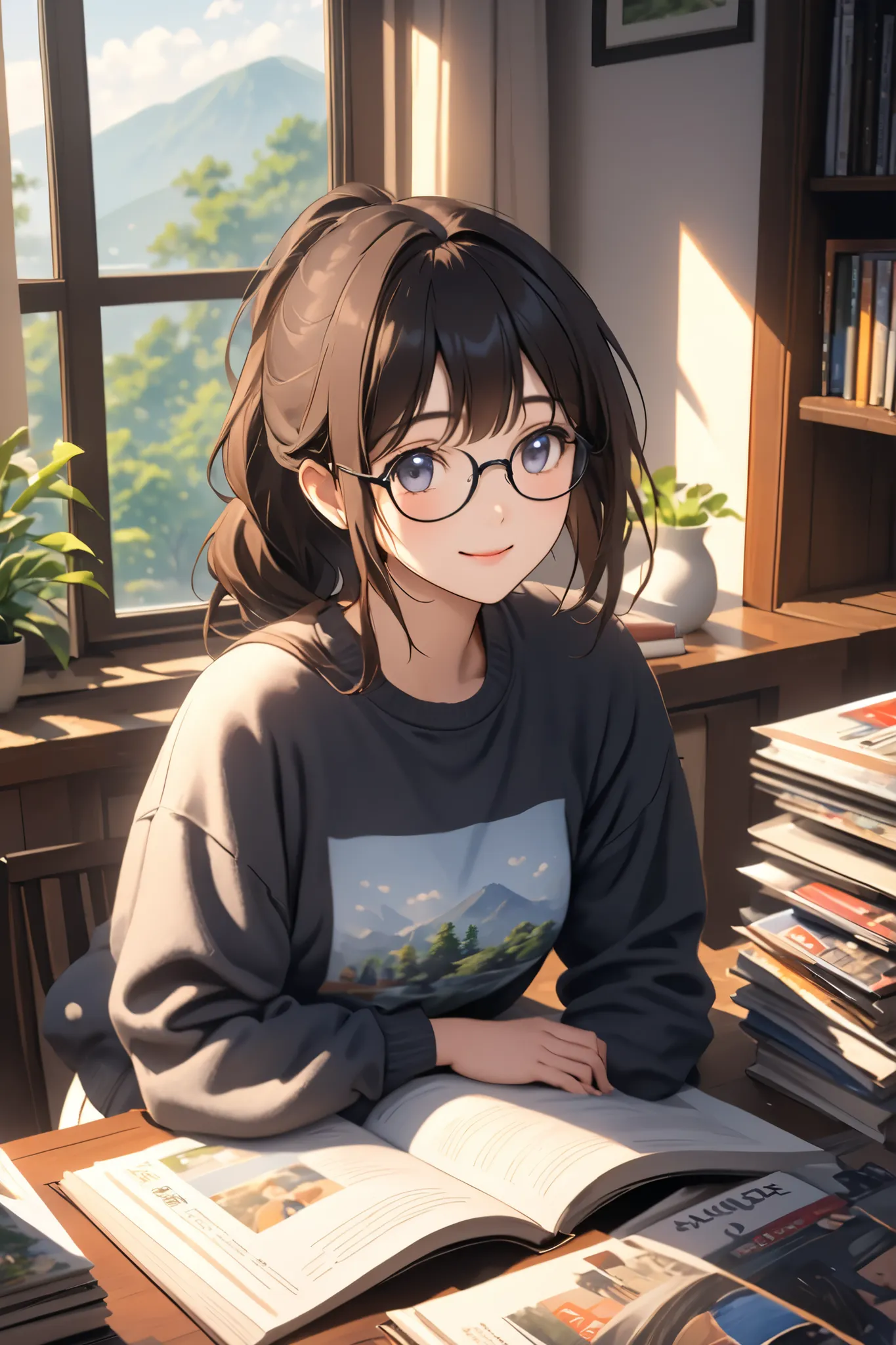 female college student wearing black-rimmed glasses,with a well-formed face,gentle expression,one&#39;s home、4K,hdr, studio lighting,Focus on Details,beautiful,Soft colors,calm atmosphere,realistic texture,natural light,portrait、 look at the book、Wear top ...