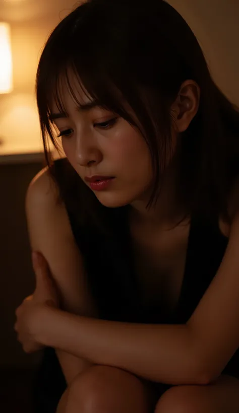 (high resolution),(8K),(nsfw:1.3),young woman 0-18, ((Japanese girl:1.5,female high school student)), sorrowful expression, sitting in dark bedroom, single lamp casting warm amber light, dramatic chiaroscuro lighting, looking down pensively, natural beauty...