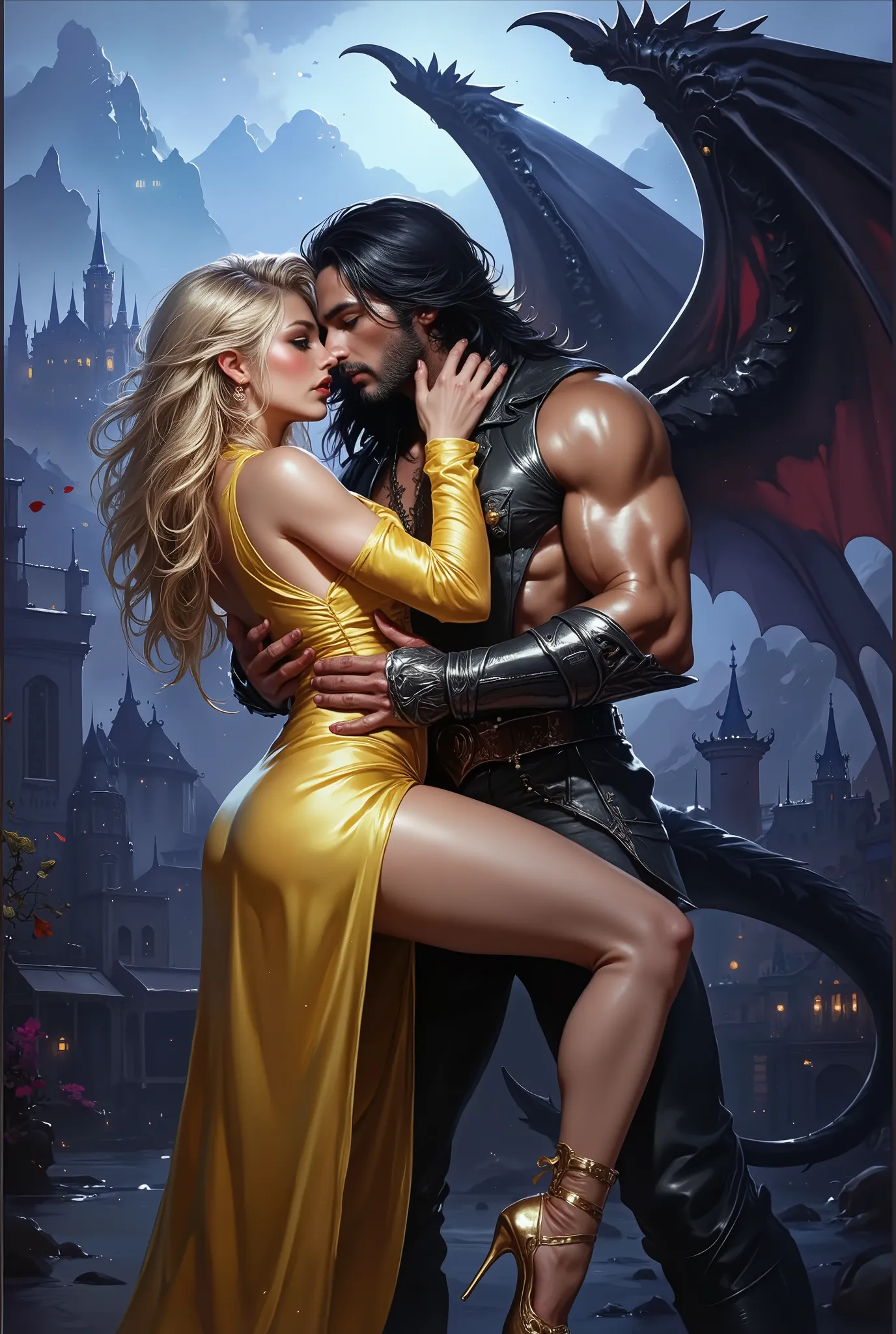  (((EXTREMELY DETAILED TEXTURED ULTRA-REALISTIC FIRST PLAN: 1.4)))  vibrant vivid etheral hyperphotorealisticdigital image фэнтези, on foreground vividvibrant contrasting, beautiful flirtous blonde in a golden mirror-shiny satin dress, golden shiny high-he...