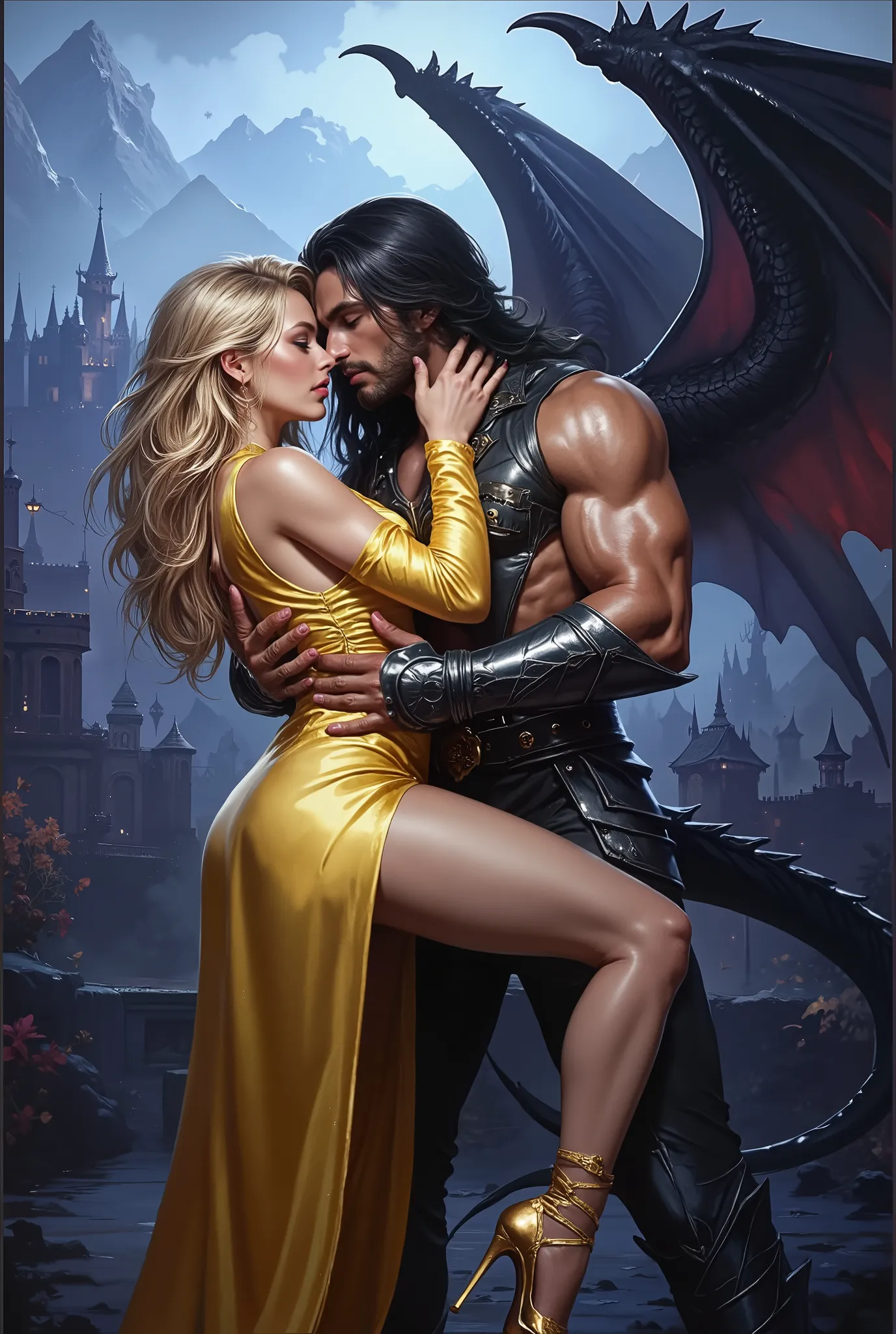  (((EXTREMELY DETAILED TEXTURED ULTRA-REALISTIC FIRST PLAN: 1.4)))  vibrant vivid etheral hyperphotorealisticdigital image фэнтези, on foreground vividvibrant contrasting, beautiful flirtous blonde in a golden mirror-shiny satin dress, golden shiny high-he...
