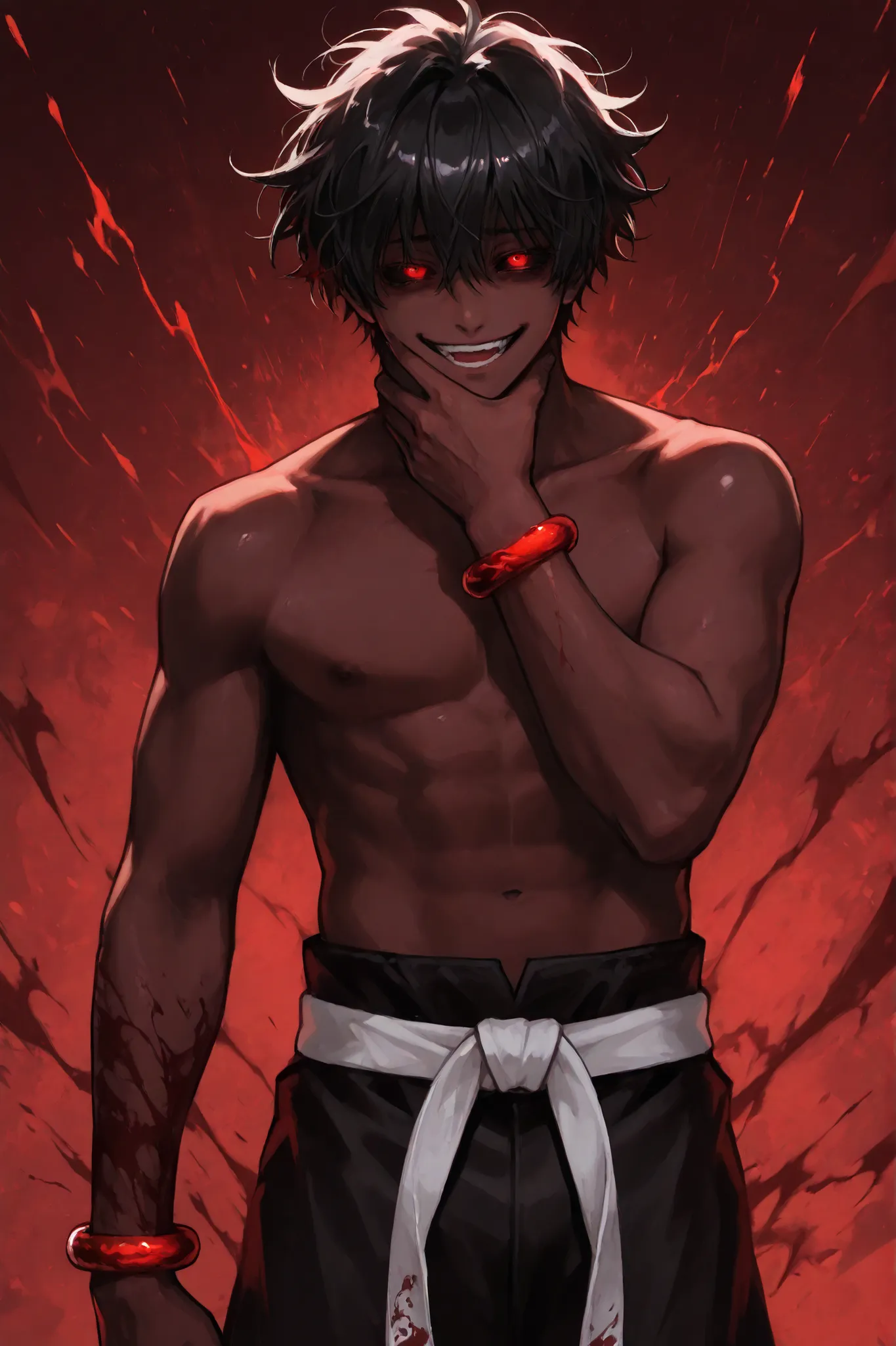 One male, very dark red skin, short hair, messy hair, black hair, tired eyes, crazy look, black scelera, red eyes, glowing eyes, crazy smile, crazy glace, bloodlust vibes, shirtless, chinese lucky bracelets, red bracelets, black traditional chinese pants, ...
