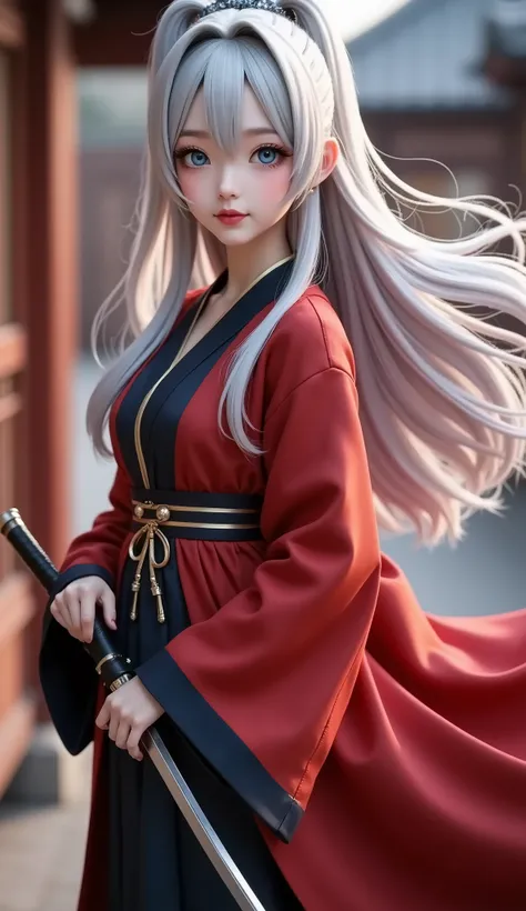16K, 4K masterpiece, 3D best image quality, highest quality, PVC material model, 《とうらぶ》。 character, ultra-high definition, ultra-detailed ❲こうせつさもんじ❳ character, ❲full body photo❳, 180cm tall, blue eyes, radiant, snow-white silver hair, long hair fluttering ...