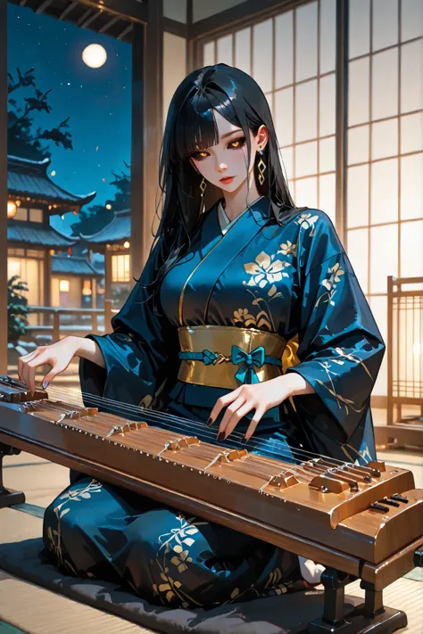 (SuperQuality:1.0) ~ (SuperQuality:1.2), detailxl, 1girl, Solo, High Resolution, Best Quality, High Details, Super Detailed, night, indoors, Long Hair, Black Hair, golden eyes, black sclera, Large breasts, Rectangle Earrings, Kimono, kneeling, guzheng inst...