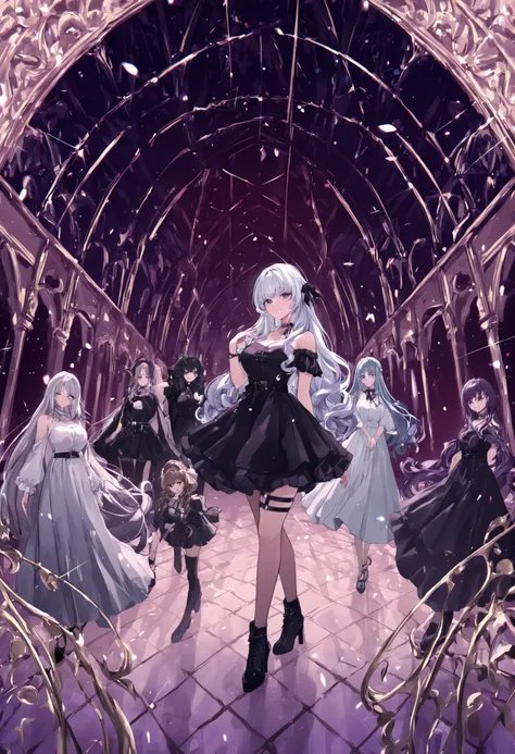 cabelo prateado、olhos violetas、curly hair、Braids up to half、Gothic、preto e branco、borboleta々、flor、espelho、fita、garota