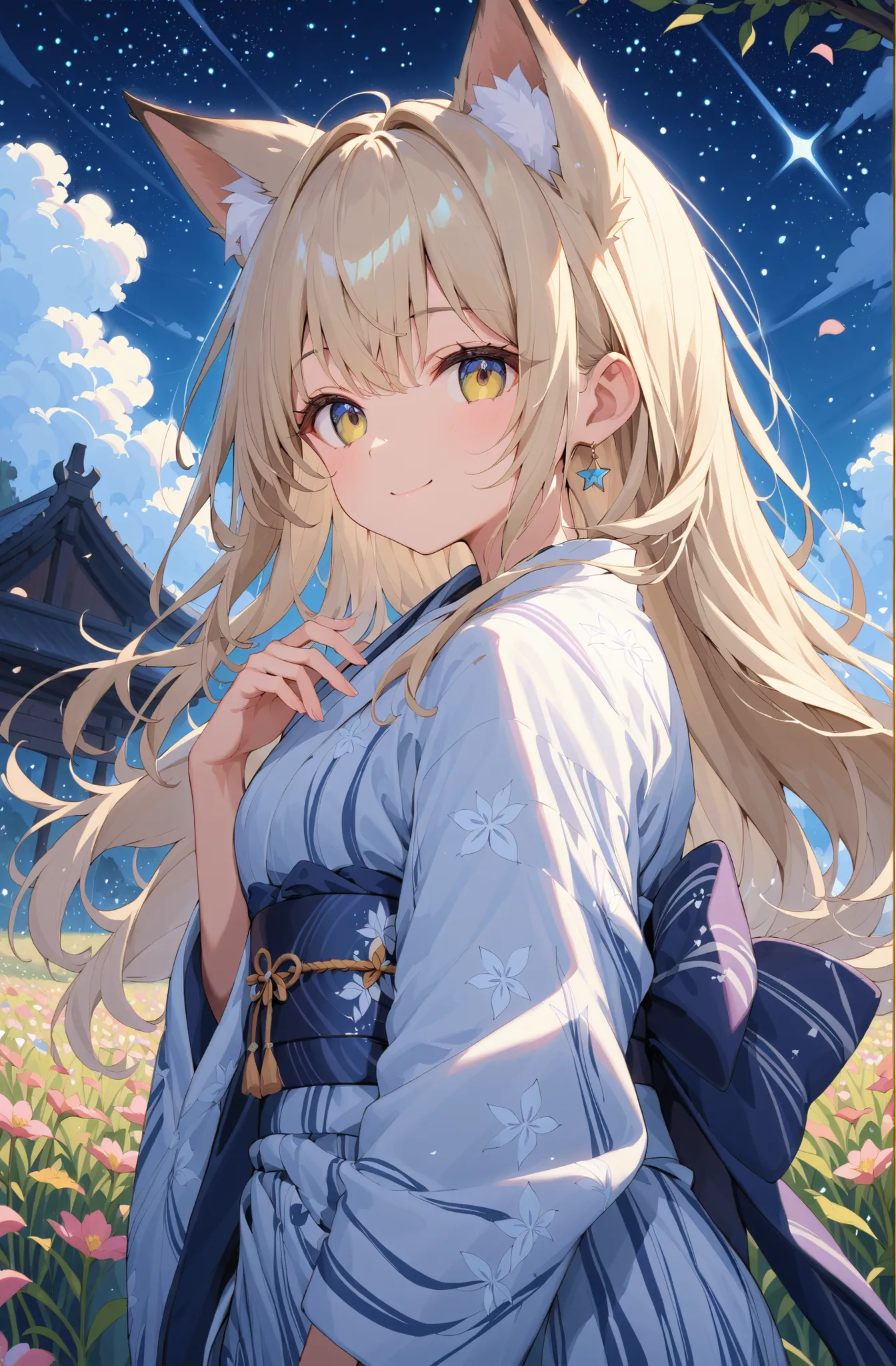 masterpiece、concept art、(very detailed)、 (((masterpiece、top quality))) 、Girl 1、night、starry sky、Moonlight:1.2、Flower field、(fox ear、platinum blonde、long hair、 kimono、yukata)、( A soft smile ) 、Standing picture