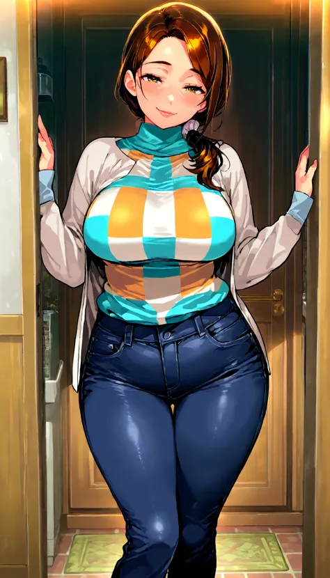 score_9, score_8, masterpiece, Anime Source _sexy brown hair, Low Ban, Housewife, Mature Woman, Mature Woman, wide hips, Big breasts, thigh, seductive smile,  open shirt, tight jeans, very detailed, beautiful lips, cute face, Standing, front view, I can se...