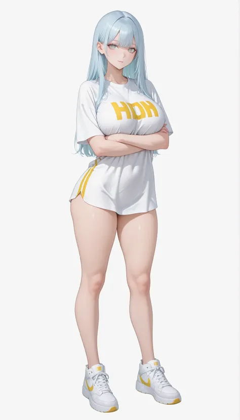 Create an image of a stylized anime character. The character has long, straight, light blue hair and sharp gray eyes. They are standing confidently with their arms crossed, wearing a loose white t-shirt with a yellow horizontal stripe across the chest. Big...