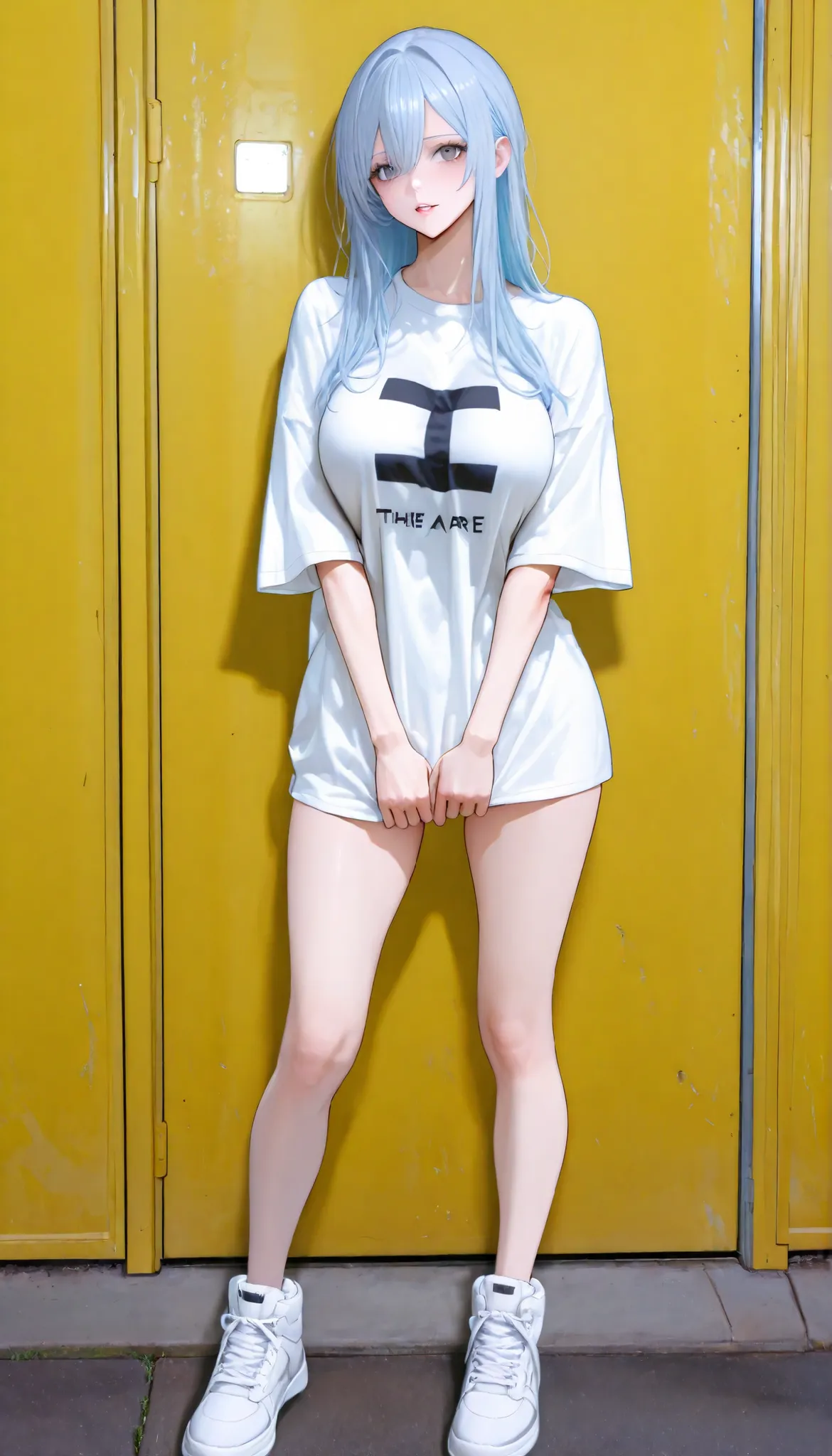 Create an image of a stylized anime character. The character has long, straight, light blue hair and sharp gray eyes. They are standing confidently with their arms crossed, wearing a loose white t-shirt with a yellow horizontal stripe across the chest. Big...