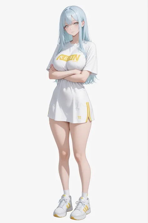 Create an image of a stylized anime character. The character has long, straight, light blue hair and sharp gray eyes. They are standing confidently with their arms crossed, wearing a loose white t-shirt with a yellow horizontal stripe across the chest. Big breasts, slim waist, big butts, bare thights. The character has a playful yet slightly mischievous expression. Their legs are slender, and they are wearing simple white sneakers. The background should be soft and pastel-colored to enhance the character's features.