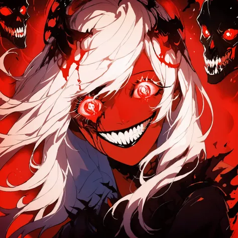 score_9, score_8_up, score_7_up, score_6_up,Madness,score_9,Madness,score_9,1girl,solo,long hair,looking at viewer,smile,red eyes,white hair,teeth,grin,blood,glowing,glowing eyes,skull,
