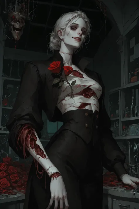 solo, female, undead, stitched, close up, crypt, stitches, uneven, discoloration, morbid beauty, cowboy shot, beautiful, bags under eyes, pale white skin, sarashi, bindings, tall, Victorian, solo, classy, lab, looking at viewer, night, decrepit, alembic, e...
