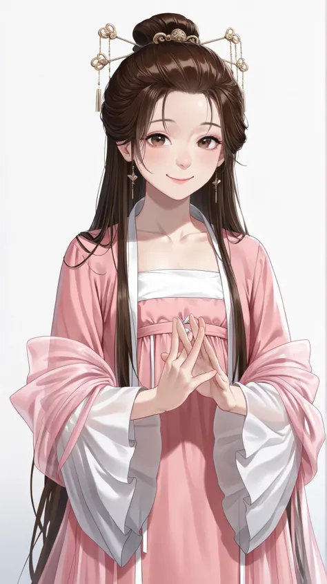 very aesthetic, 걸작, 고해상도, 8k 해상도, high contrast, semrealistic, newest, koreanai, best_quality, finely_detailed_eyes_and_detailed_face, (1 girl), brown_eyes, brown_hair, long_hair, chill out, cute, (updo_hair, slicked_side), ruanyi0758,hanfu,pink dress,see-...