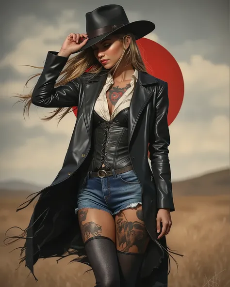 A semi-realistic portrait, using gothicstylenext, of a beautiful woman, viewed in profile, from the side. She stands with one leg straight, and the other leg kicked forward at rough 45 degree angle. One hand tips the brim of her black bolero hat. Wearing a...