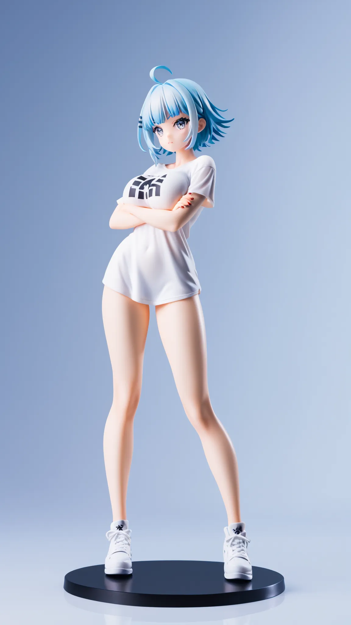 Create an image of a stylized anime character. The character has long, straight, light blue hair and sharp gray eyes. They are standing confidently with their arms crossed, wearing a loose white t-shirt with a yellow horizontal stripe across the chest. Big...