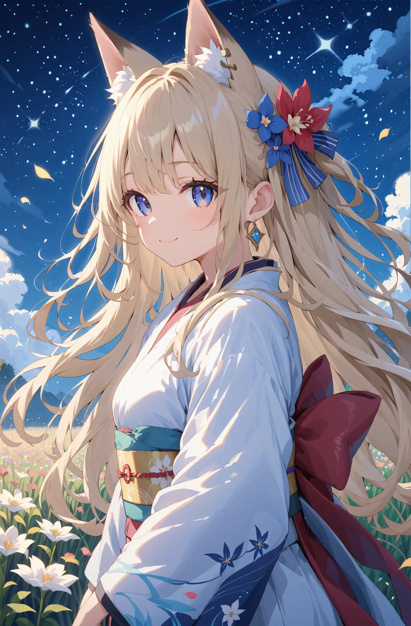 masterpiece、concept art、(very detailed)、 (((masterpiece、top quality))) 、Girl 1、night、starry sky、Moonlight:1.2、Flower field、(fox ear、platinum blonde、long hair、 kimono)、( A soft smile ) 、Standing picture