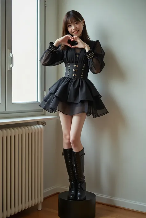 Create a full-body portrait of a stunning Japanese female singer. She has a slender figure, small breasts, and thin legs, with medium-length hair. Her outfit is a gothic mini dress infused with futuristic design elements. She is striking a cute pose, smili...