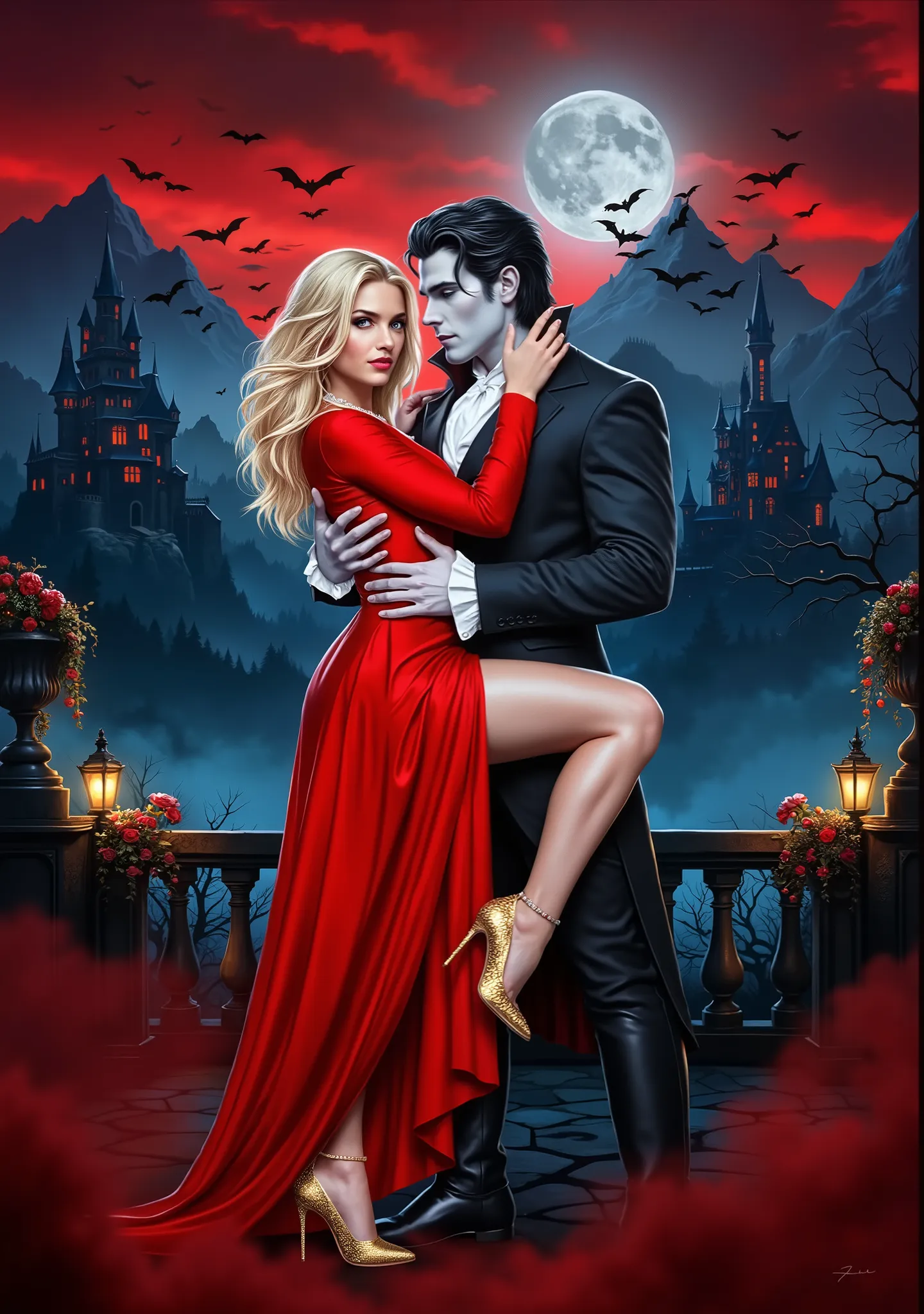 (((EXTREMELY DETAILED TEXTURED ULTRA-REALISTIC FIRST PLAN: 1.4))) vibrant vivid etheral hyperphotorealisticdigital image, fantasy genre, on foreground vividvibrant contrasting, beautiful blonde in a red LONG dress, golden shiny high-heeled stilettos hugs a...