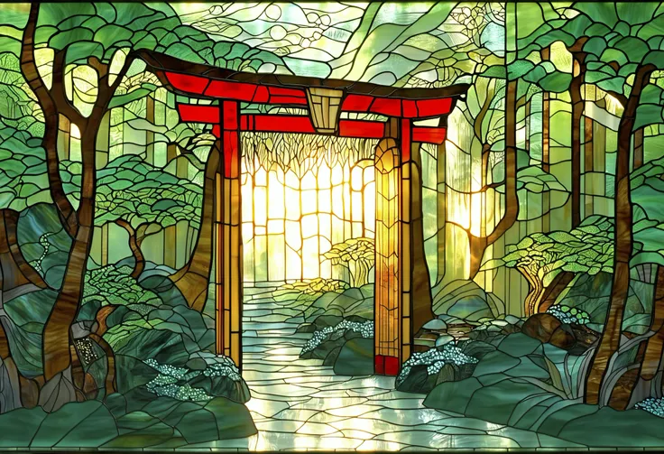 A stained glass artwork depicting red torii gates aligned along a narrow path winding through a lush, verdant forest. The bold crimson gates form a rhythmic series of arches, each rendered with luminous glass panels and elegant black outlines, creating an ...