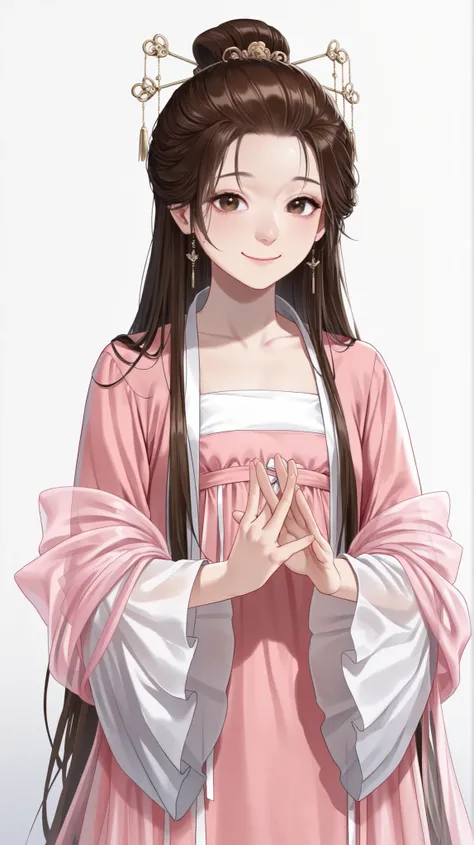 very aesthetic, 걸작, 고해상도, 8k 해상도, high contrast, semrealistic, newest, koreanai, best_quality, finely_detailed_eyes_and_detailed_face, (1 girl), brown_eyes, brown_hair, long_hair, chill out, cute, (updo_hair, slicked_side), ruanyi0758,hanfu,pink dress,see-...