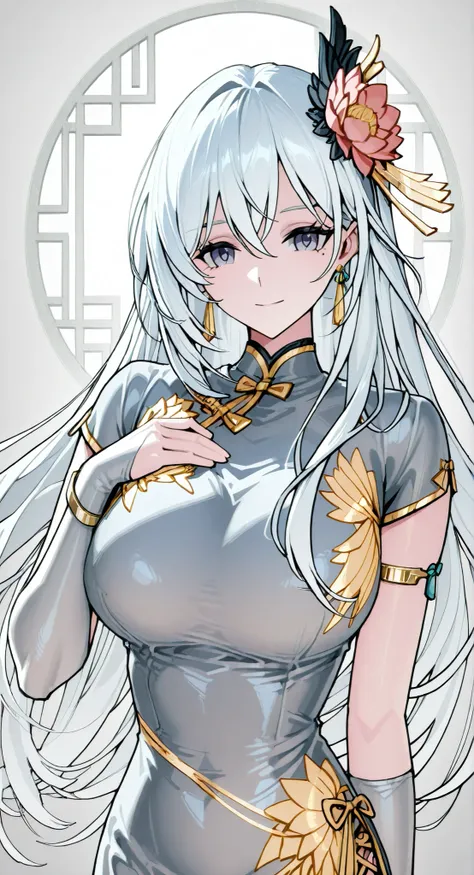 mole under eye、Armlet for left arm、bracelet for right wrist、China Dress,anime girl Picture of a woman with long white hair and a flower in her hair, gray hairの deity, Anime Goddess, gray hairの, gray hairの lady, gray hair, Zodiac knight portrait girl, Haise...