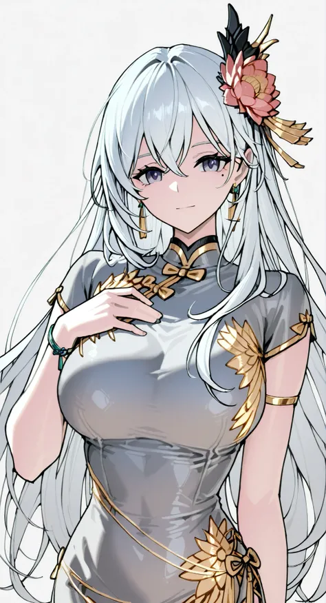 mole under eye、Armlet for left arm、bracelet for right wrist、China Dress,anime girl Picture of a woman with long white hair and a flower in her hair, gray hairの deity, Anime Goddess, gray hairの, gray hairの lady, gray hair, Zodiac knight portrait girl, Haise...