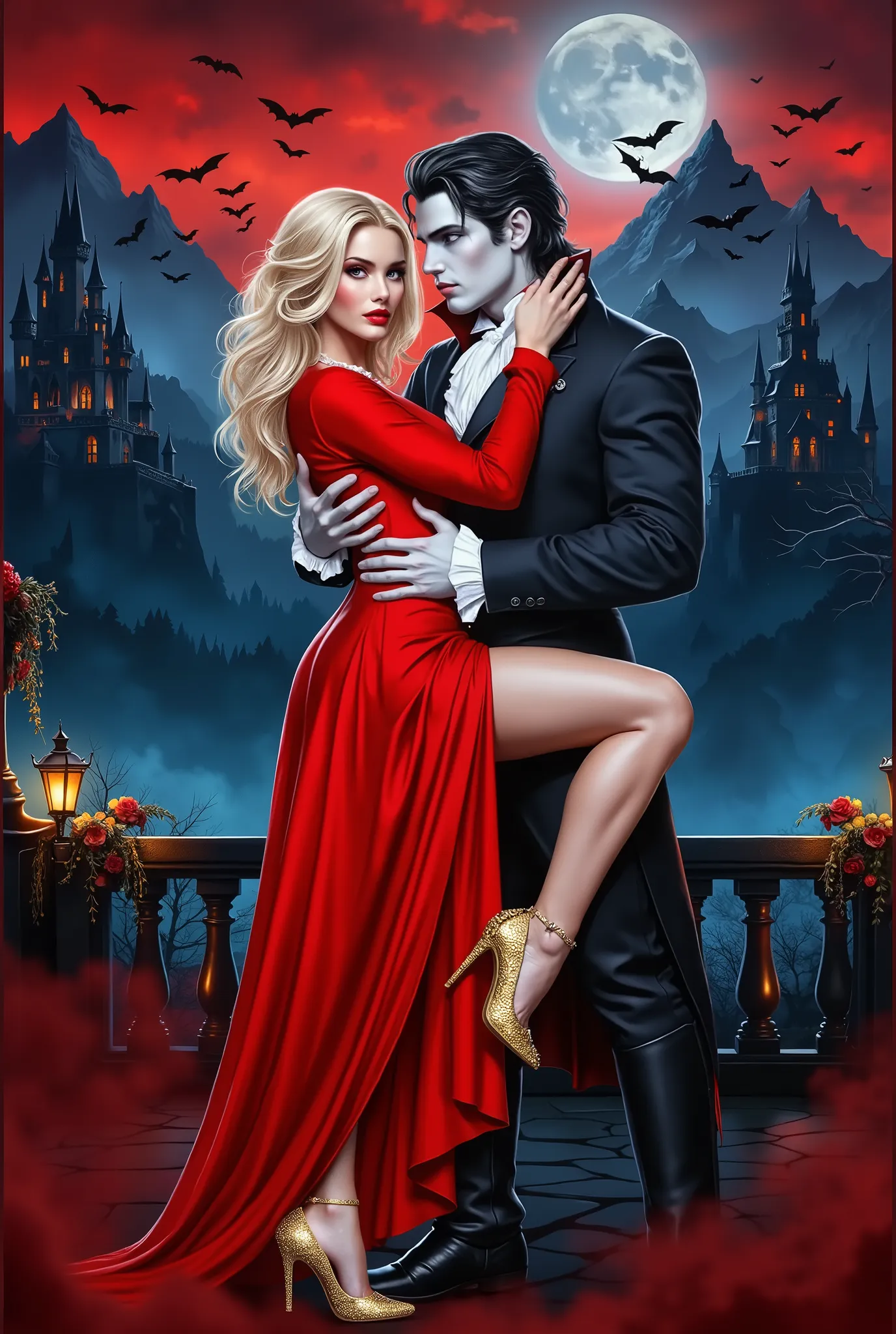 (((EXTREMELY DETAILED TEXTURED ULTRA-REALISTIC FIRST PLAN: 1.4))) vibrant vivid etheral hyperphotorealisticdigital image, fantasy genre, on foreground vividvibrant contrasting, beautiful blonde in a red LONG dress, golden shiny high-heeled stilettos hugs a...