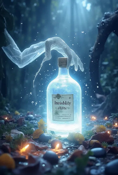 The invisible hand takes the magic elixir of Invisibility, the "Invisibility" label on a translucent, luminous bottle and misty background, with Carne Griffiths' delicate, expressive watercolor technique and ethereal elements, resulting in a mesmerizing co...