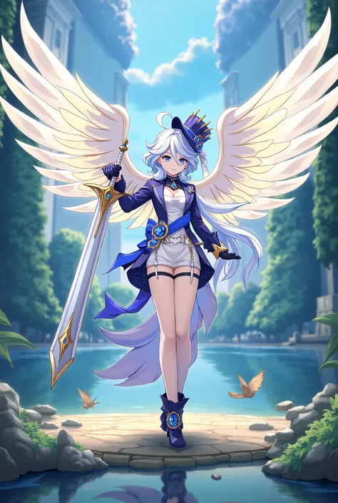 Furina, angel wings , holding a sword , lakeshore.