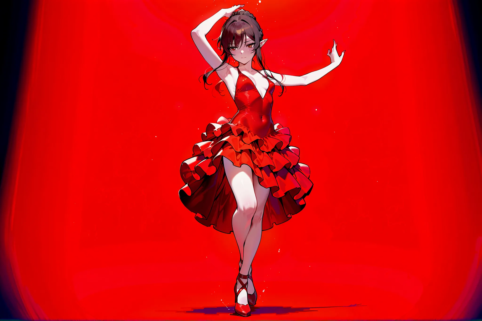 (((Best quality, 8k, Masterpiece: 1.3)), ((best quality)), ((masterpiece)), (detailed), perfect face, perfect body, (detailed skin:1.3), Flamenco dancer, red flamenco dress, red flamenco shoes, elf, pointy ears, Hairstyle (updo), dark brown hair, She is po...