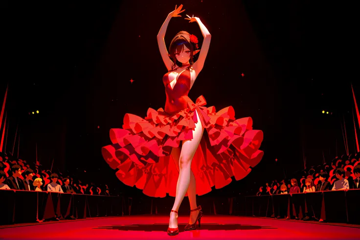 (((Best quality, 8k, Masterpiece: 1.3)), ((best quality)), ((masterpiece)), (detailed), perfect face, perfect body, (detailed skin:1.3), Flamenco dancer, red flamenco dress, red flamenco shoes, elf, pointy ears, Hairstyle (updo), dark brown hair, She is po...