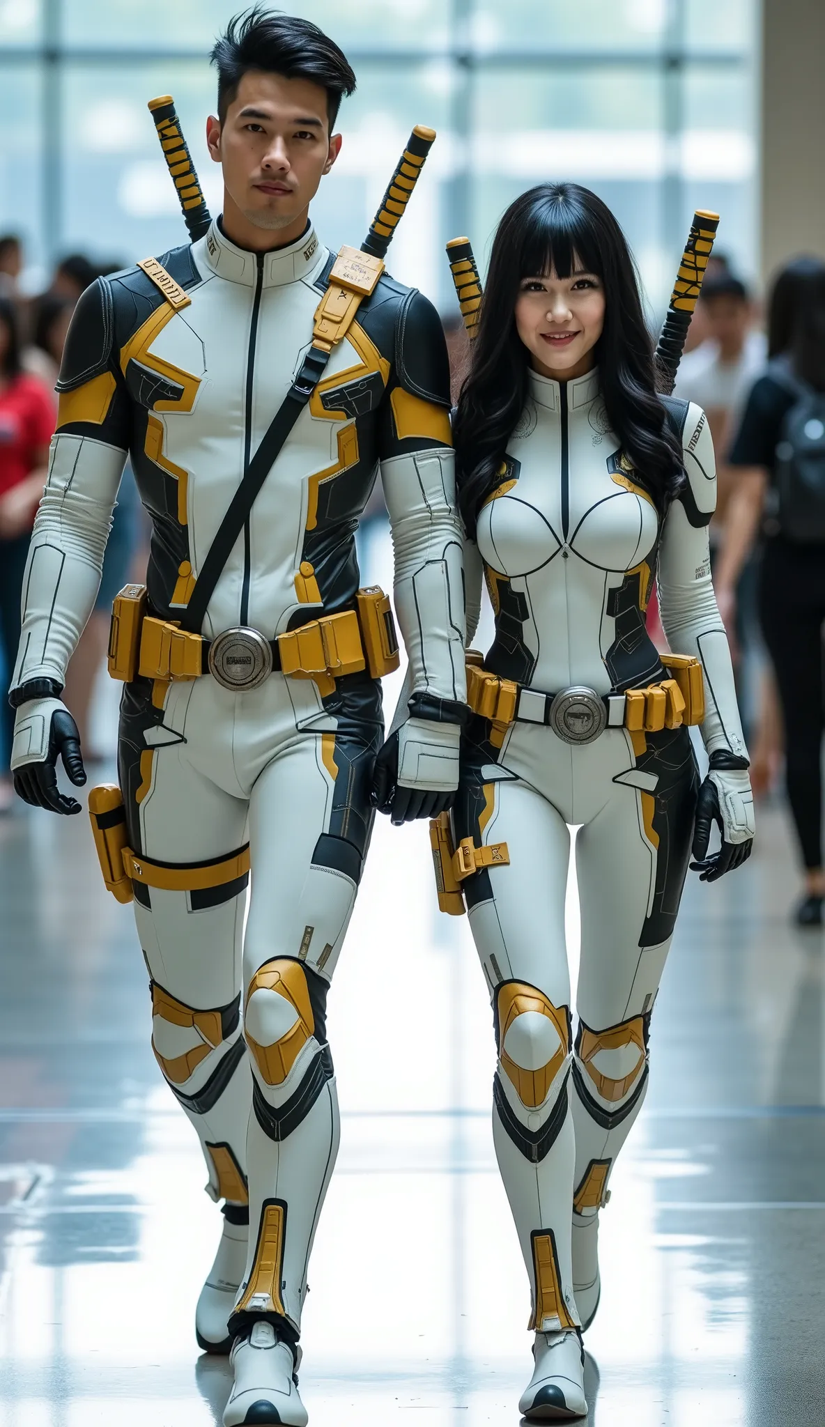 character: 1 man black hair wearing futuristic white deadpool body suit with gold armor futuristic silver accents , and 1 woman Black hair Long Bangs Wearing futuristic white Deadpool body suit with gold armor futuristic silver accents. Their facial skin ...