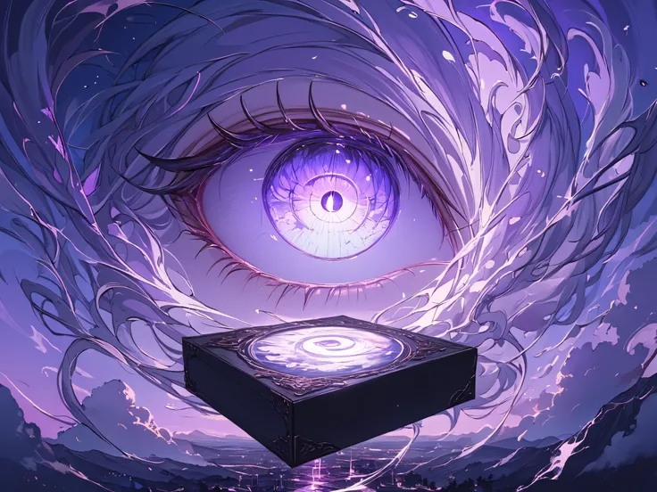 (8K, RAW Photos Box, better quality), (masterpiece: 1.4), (Ultra-high resolution, extremely detailed), soft lighting, scenery, beautiful, a big eye on the sky, glowing white eye, purple lights, sky, cinematic, clouds swirling,