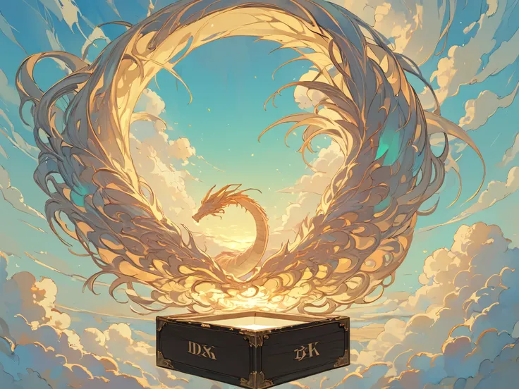(8K, RAW Photos Box, better quality), (masterpiece: 1.4), (Ultra-high resolution, extremely detailed), soft lighting, scenery, beautiful sky, nimbus clouds, dragon flying, beautiful colors, glowing, light, colorful,