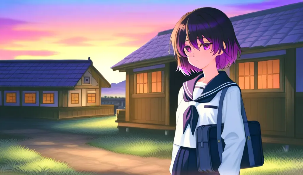 Anime-style illustration of a peaceful rural Japanese village at sunrise. A 20 years old guy in a simple school uniform with messy purple dyed hair and a quiet expression walks along a dirt path surrounded by rice fields and wooden houses. His worn-out schoolbag hangs from one shoulder, and the morning mist lingers in the air.
