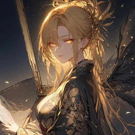 (8K, RAW Photos Box, better quality), (masterpiece: 1.4), (Ultra-high resolution, extremely detailed), soft lighting, ((1girl)), large breasts, golden hair, golden eyes, black side part of the eye, glowing eyes, kimono, feather robe,