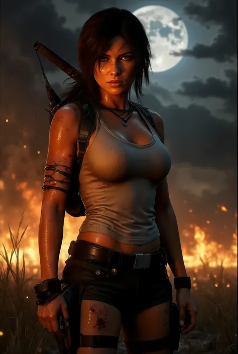 Lara Croft defiantly stands on a moonlit field, his athletic figure shimmers with sweat and blotches of blood in the dim light. Her torn white jersey clings to her torso, revealing the scuffs and dirt of battle, as a raging inferno devours the forest behin...