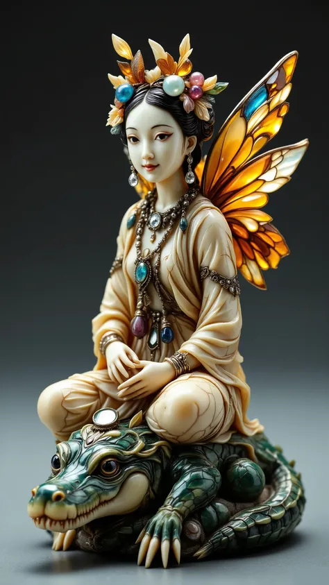 Netsuke statuette made of ivory, black, pink and blue quartz. The Fairy of Crocodile Tears. A body with scaly patterns. wings are carved amber. face is ivory with a Mona Lisa smile, but one eye is winking, and a huge diamond tear is rolling out of  other. ...