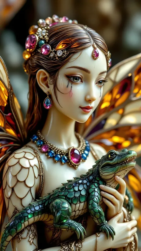 Netsuke statuette made of ivory, pink ruby and topaz, The Fairy of Crocodile Tears. A body with scaly patterns. wings are carved amber. face is ivory with a Mona Lisa smile, but one eye is winking, and a huge diamond tear is rolling out of  other. Holding ...