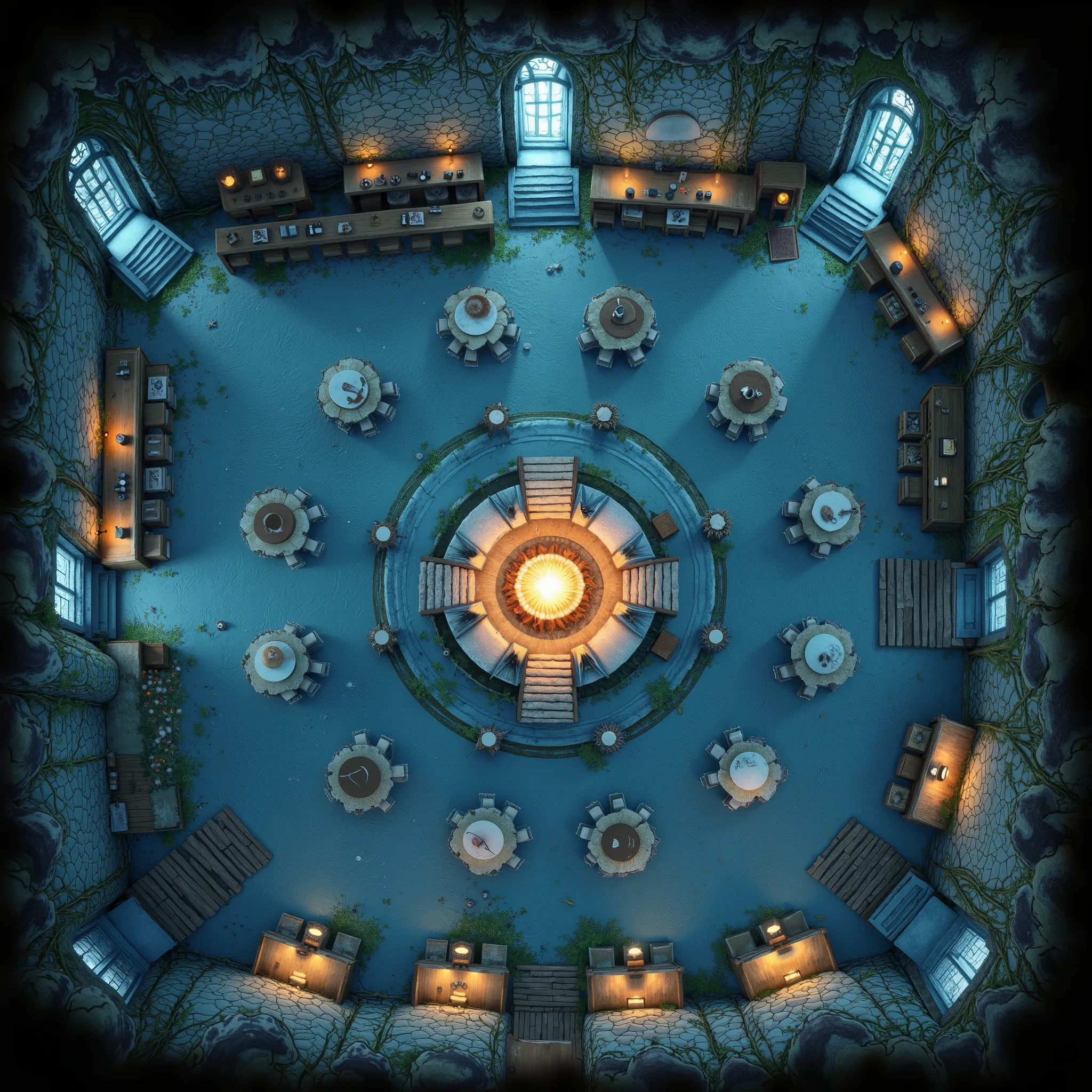 Top-down, fully overhead view, ultra-realistic, high-fantasy medieval troll tavern battlemap. Include a massive central hearth (20 ft. wide) with glowing glacial embers (#4682B4), ice-forged tables and bone stools (#F5F6F5) in a cavernous main hall, a poli...