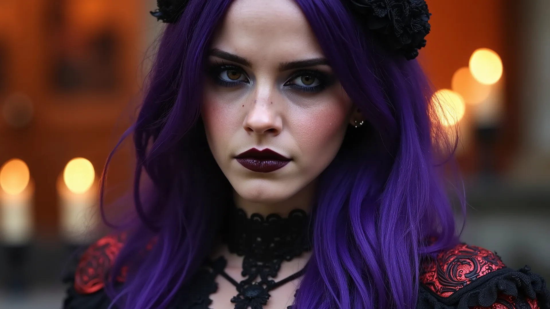 A gothic woman with long, flowing vibrant purple hair, piercing golden-yellow eyes, and deep black lipstick. She wears dark, intricate gothic attire with black and deep red details, including a black lace choker and red and black ornamental shoulder armor....