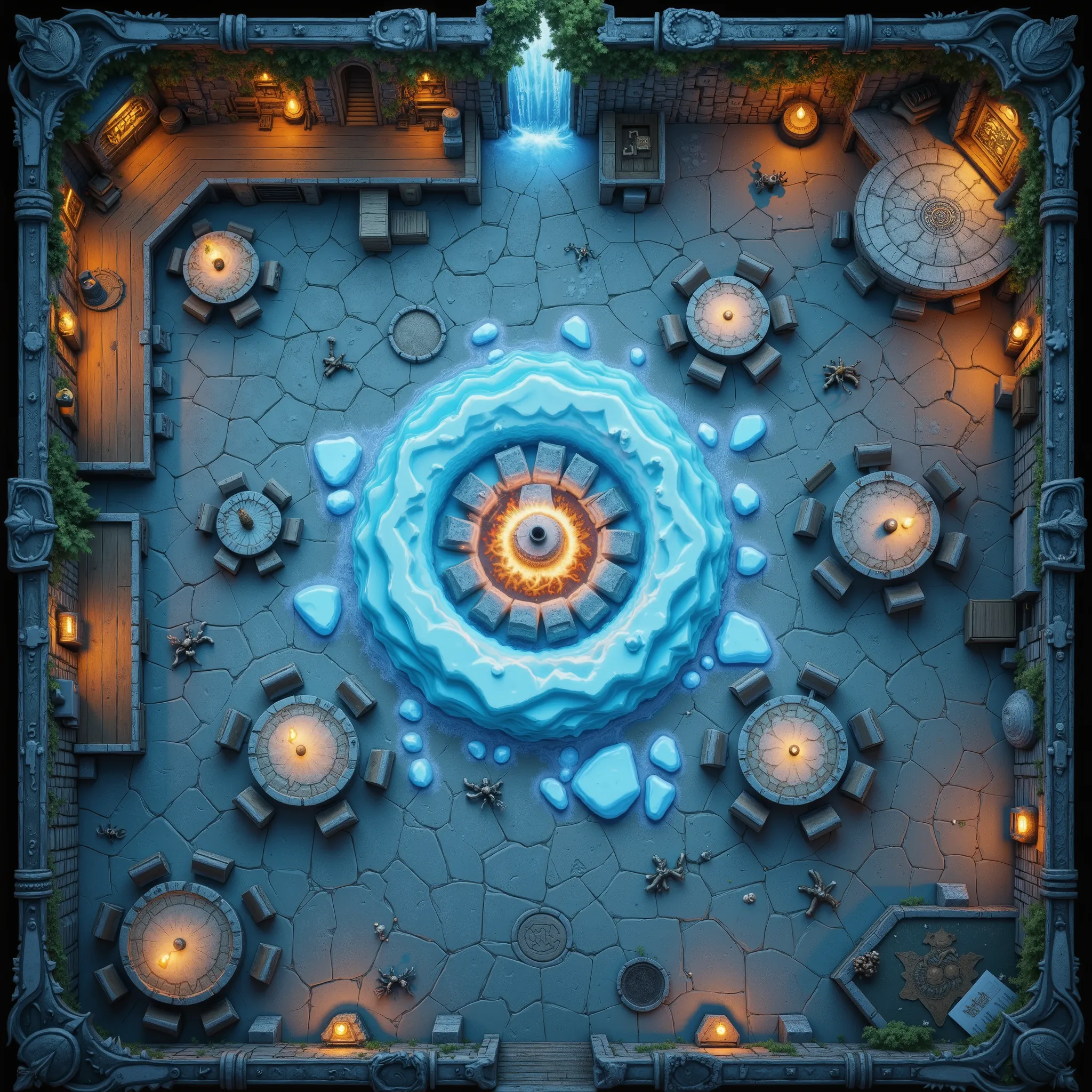 Top-down, fully overhead view, ultra-realistic, high-fantasy medieval troll tavern battlemap. Include a central glacial hearth (25 ft. wide) with ice embers (#4682B4), ice tables with fjord carvings and bone benches (#F5F6F5), a petrified wood bar with bon...