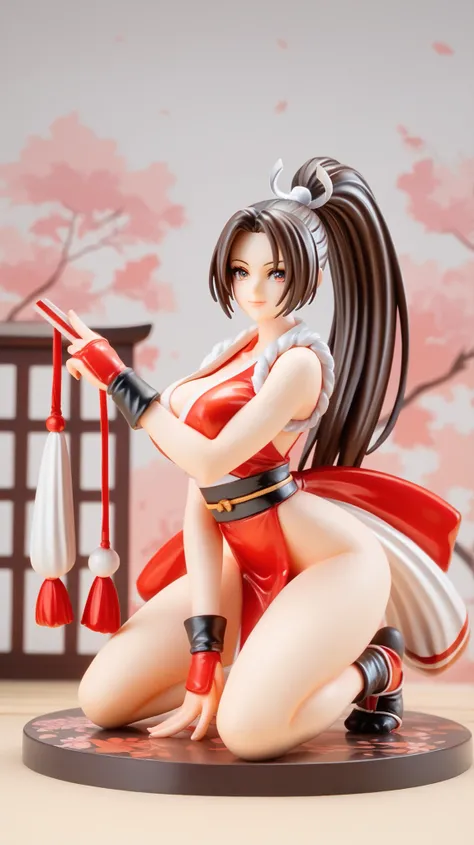 full body, PVC figure model of Mai Shiranui in her classic King of Fighters outfit, has huge bust size, is kneeling in a traditional Japanese dojo, and natural lighting.