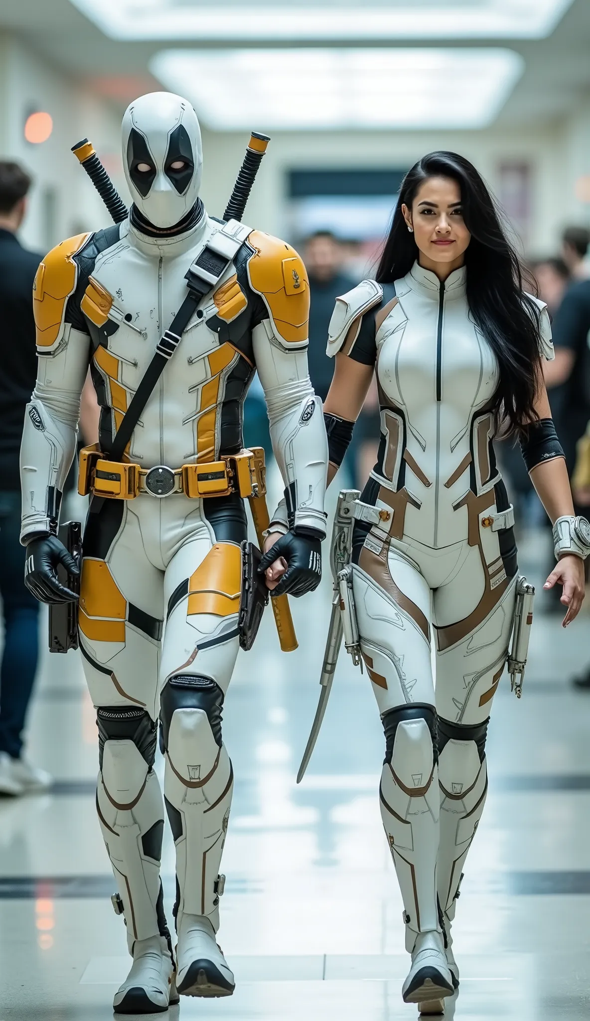 character: 1 man with mask full head wearing futuristic white deadpool body suit with gold armor futuristic silver accents , and 1 woman Black hair Long Bangs Wearing futuristic white Deadpool body suit with gold armor futuristic silver accents. Their fac...